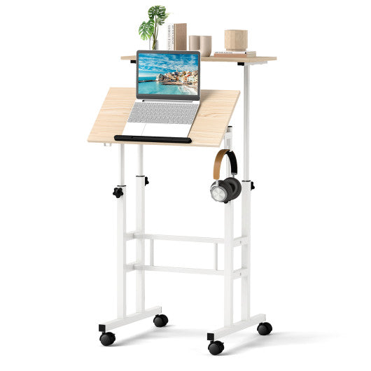 Height-adjustable Mobile Standing Desk with Split Top and Adjustable Angle-Natural