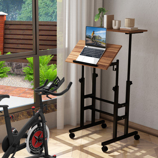 Height-adjustable Mobile Standing Desk with Split Top and Adjustable Angle-Walnut