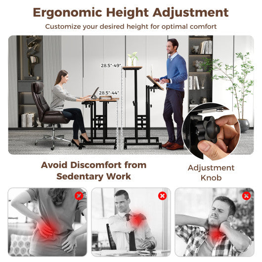 Height-adjustable Mobile Standing Desk with Split Top and Adjustable Angle-Walnut