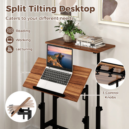 Height-adjustable Mobile Standing Desk with Split Top and Adjustable Angle-Walnut