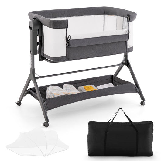 Height Adjustable Bedside Sleeper with Storage Bag and Soft Mattress for Baby-Gray