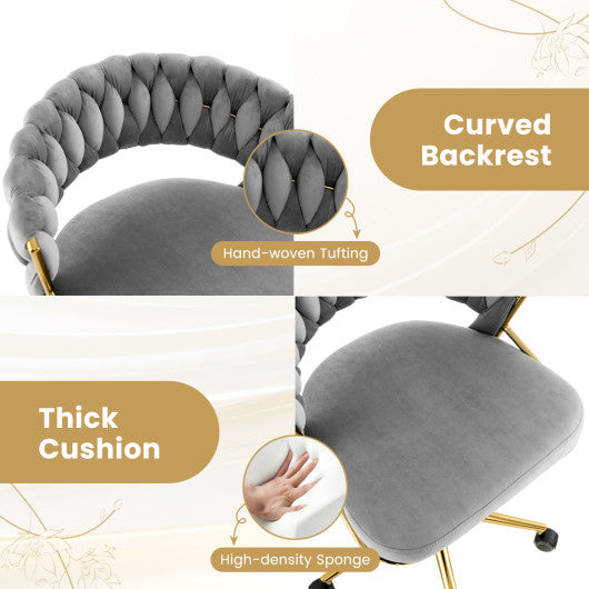 360° Height Adjustable Swivel Upholstered Desk Computer Chair with Hand-woven Back-Gray