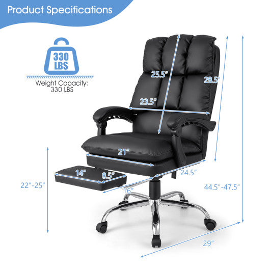 Ergonomic Adjustable Swivel Office Chair with Retractable Footrest-Black