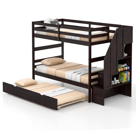 Home Wood Bunk Bed with Guard Rail and 4-step Storage Stairs No Box Spring Needed-Brown