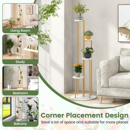 Indoor Metal Plant Stand Corner Plant Shelf for Potted Plant with Golden Metal Frame-White