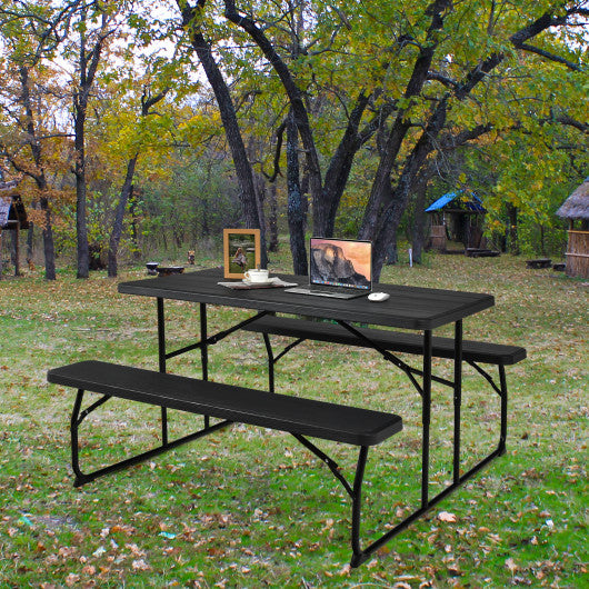 Indoor and Outdoor Folding Picnic Table Bench Set with Wood-like Texture-Black