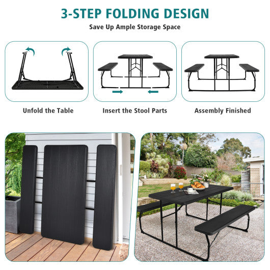 Indoor and Outdoor Folding Picnic Table Bench Set with Wood-like Texture-Black