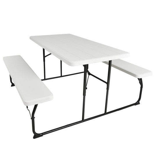 Indoor and Outdoor Folding Picnic Table Bench Set with Wood-like Texture-White