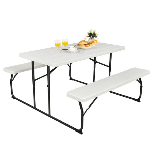 Indoor and Outdoor Folding Picnic Table Bench Set with Wood-like Texture-White