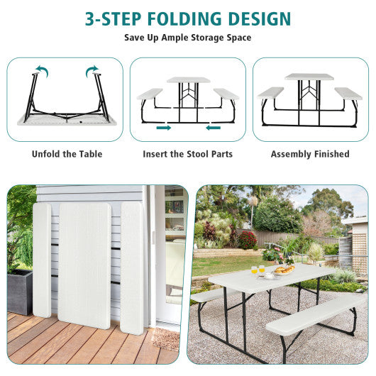 Indoor and Outdoor Folding Picnic Table Bench Set with Wood-like Texture-White