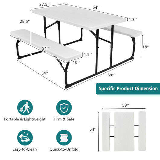 Indoor and Outdoor Folding Picnic Table Bench Set with Wood-like Texture-White