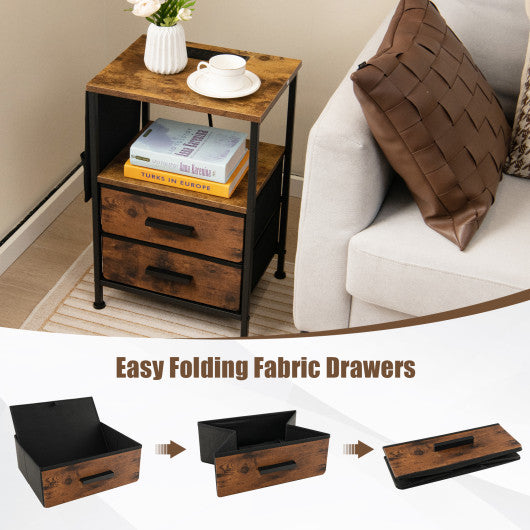 Industrial Bedside Table with USB Ports and AC Outlets for Bedroom Living Room-Set of 2