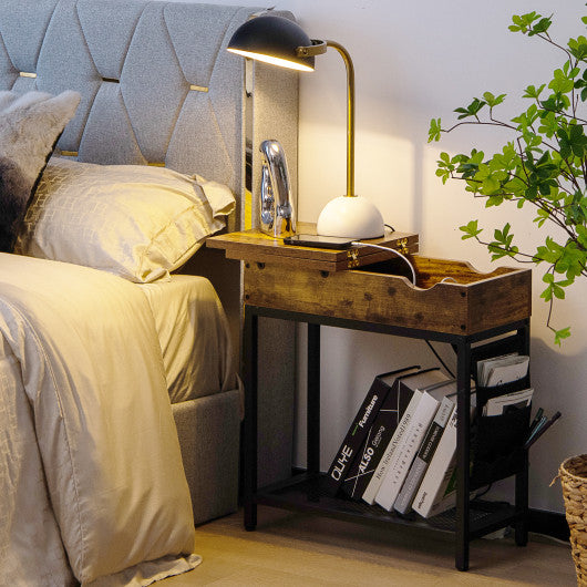 Industrial End Table with Charging Station and Flip Top-Rustic Brown