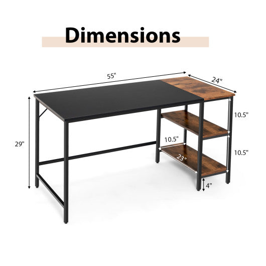 55 Inch Modern Industrial Style Study Writing Desk with 2 Storage Shelves-Black