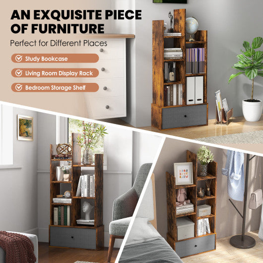 7-Tier Open-Back Bookshelf with Drawer-Rustic Brown