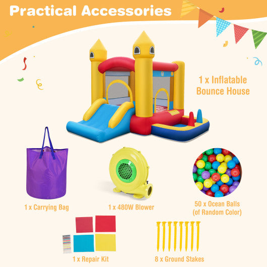 Inflatable Bounce House with 480W Blower and Ocean Balls for Yard
