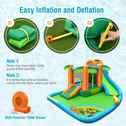7-in-1 Inflatable Water Slide Park with Trampoline Climbing and 680W Blower
