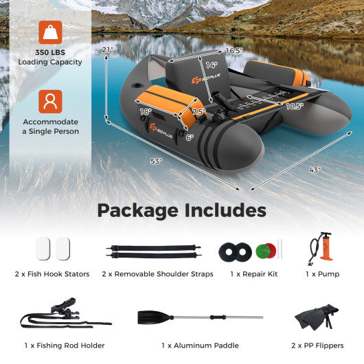 Inflatable Fishing Float Tube with Pump Storage Pockets and Fish Ruler-Gray