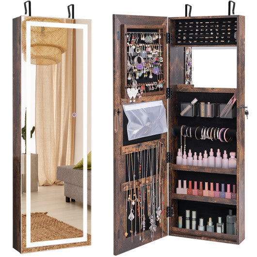 Mirrored Jewelry Armoire with Full Length Mirror and 2 Internal LED Lights-Rustic Brown