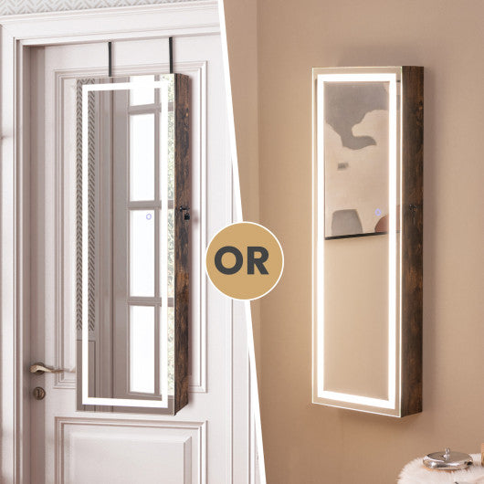 Mirrored Jewelry Armoire with Full Length Mirror and 2 Internal LED Lights-Rustic Brown