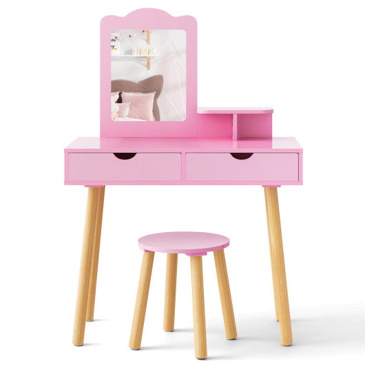 Kid Vanity Table Chair Set with Mirror and 2 Large Storage Drawers-Pink