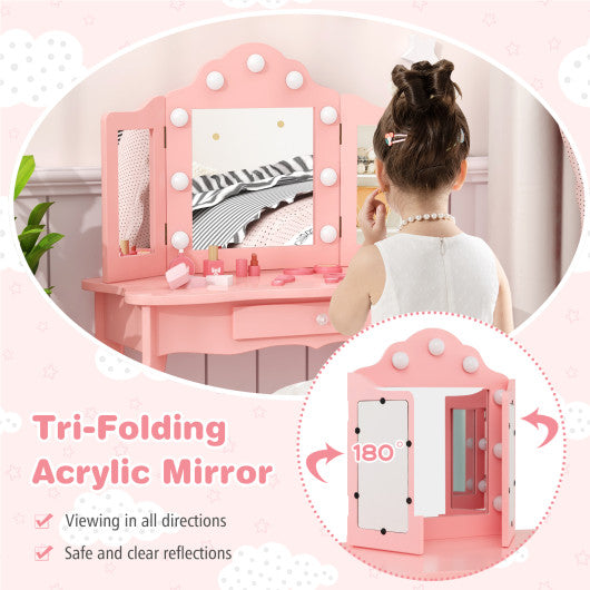 Kid Vanity Table Stool Set with Tri-Folding Mirror and 3-Color LED Lights-Pink