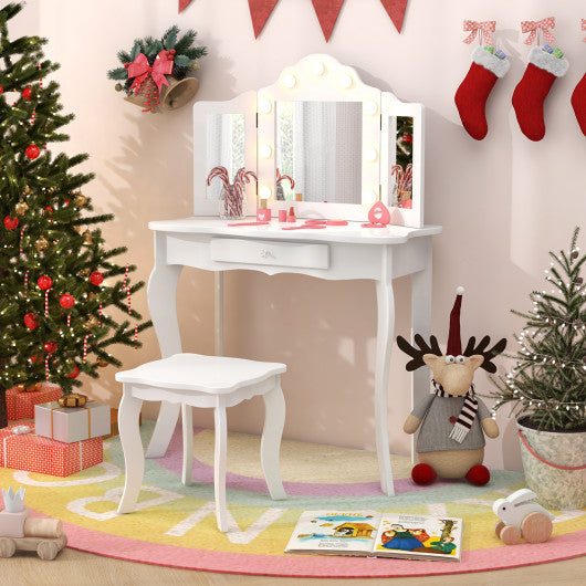 Kid Vanity Table Stool Set with Tri-Folding Mirror and 3-Color LED Lights-White
