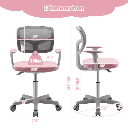 Adjustable Desk Chair with Auto Brake Casters for Kids-Pink