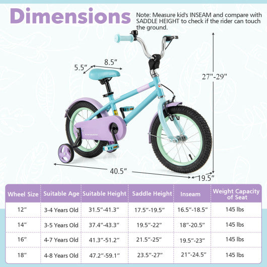Kids Bike with Adjustable Handlebar and Saddle Purple-14 Inches