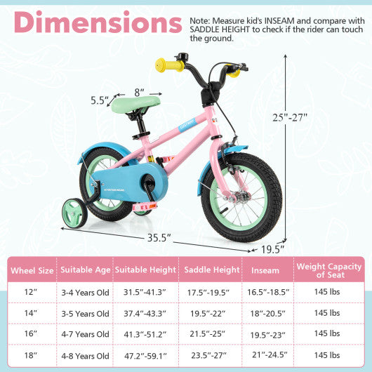 Kids Bike with Adjustable Handlebar and Saddle Pink-12 Inches