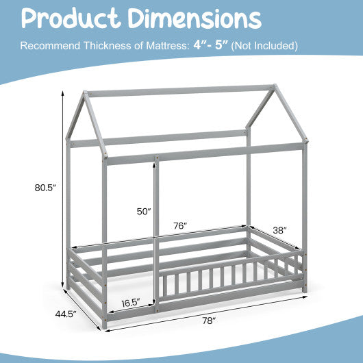 Twin Size Kids House Bed Wooden Floor Bed with Roof and Full-length Safety Guardrail-Gray