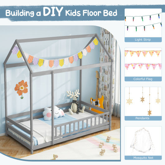 Twin Size Kids House Bed Wooden Floor Bed with Roof and Full-length Safety Guardrail-Gray