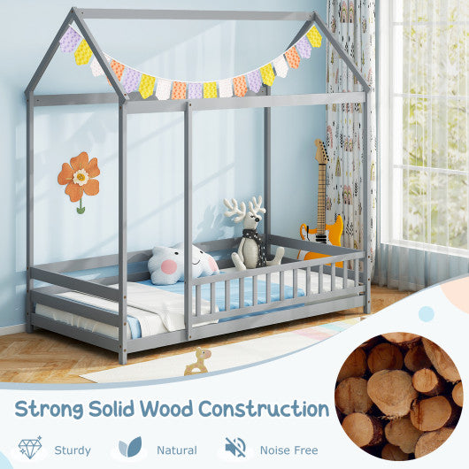 Twin Size Kids House Bed Wooden Floor Bed with Roof and Full-length Safety Guardrail-Gray