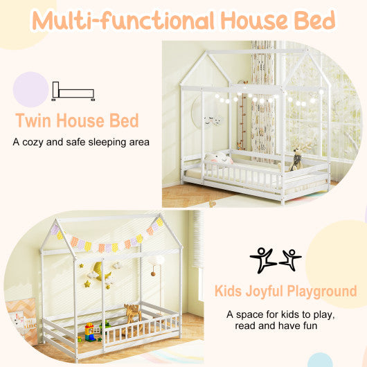Twin Size Kids House Bed Wooden Floor Bed with Roof and Full-length Safety Guardrail-White