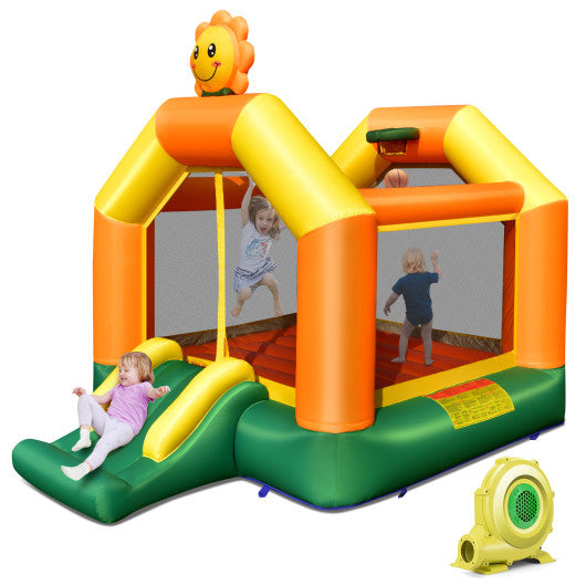 Kids Inflatable Bounce House with Slide and Basketball Rim with 735W Blower