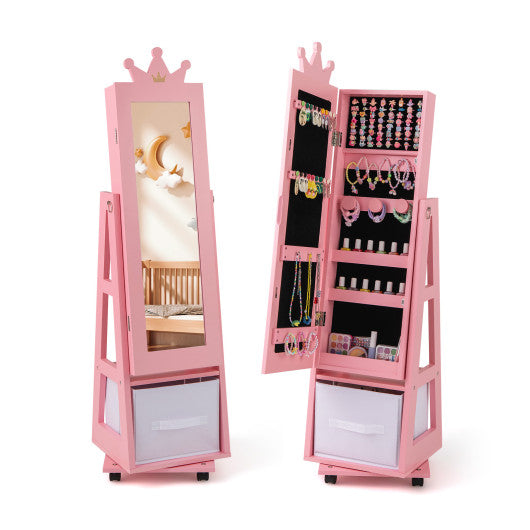 Kids Jewelry Armoire Cabinet with Swivel Base and Lockable Universal Wheels-Pink