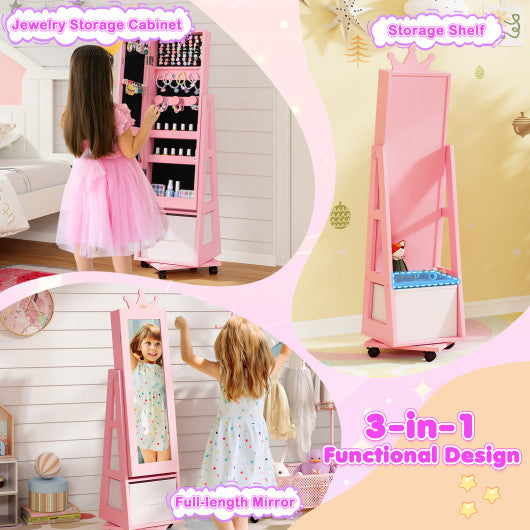 Kids Jewelry Armoire Cabinet with Swivel Base and Lockable Universal Wheels-Pink