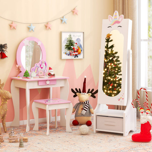 Kids Jewelry Cabinet with Full-Length Mirror for Kids Bedroom and Playroom-White