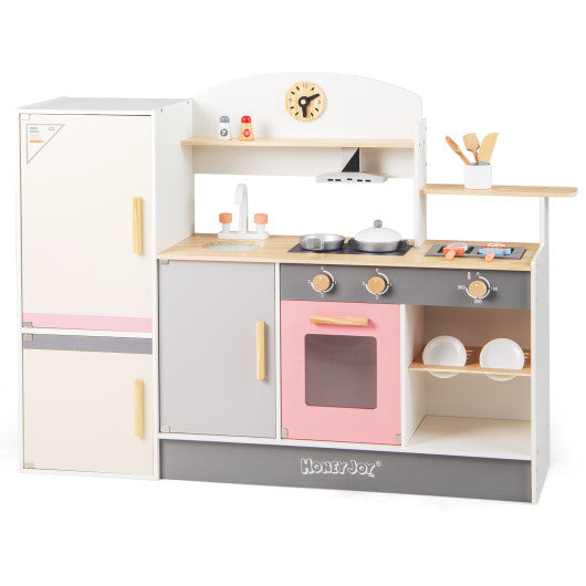 Kids Play Kitchen Set with Realistic Range Hood and Refrigerator
