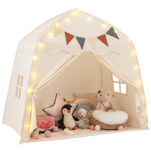 Kids Play Tent Bed Tent with String Lights Extra Large Playhouse Tent-Beige