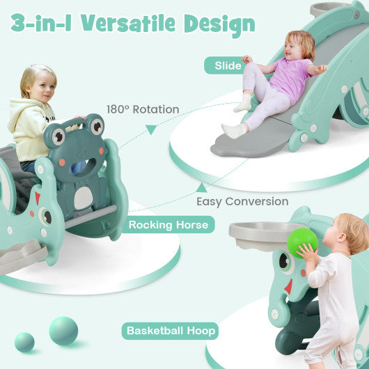 3-in-1 Kids Slide Rocking Horse Set Convertible Toddler Slide with Basketball Hoop-Green