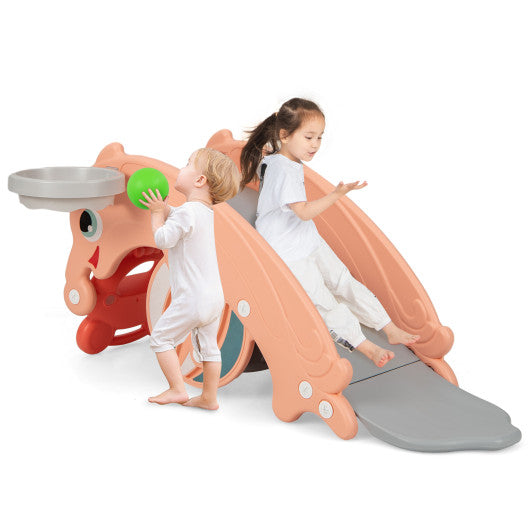 3-in-1 Kids Slide Rocking Horse Set Convertible Toddler Slide with Basketball Hoop-Pink