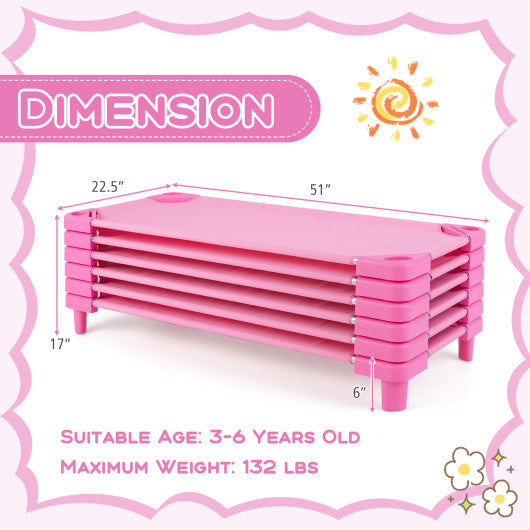 Kids Stackable Daycare Cot Pack of 6 with Detachable Oxford Cloth-Pink