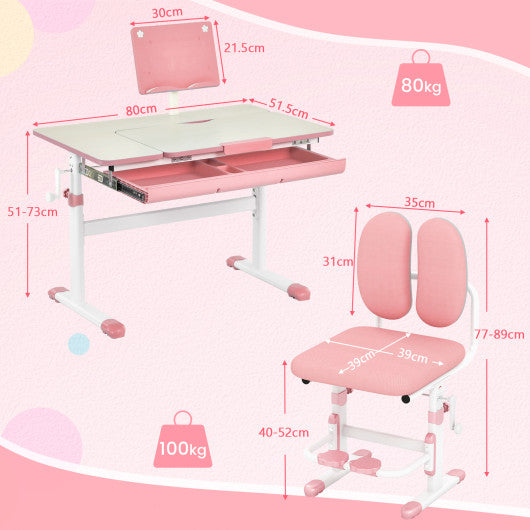Height-Adjustable Kid's Study Desk and Chair Set-Pink