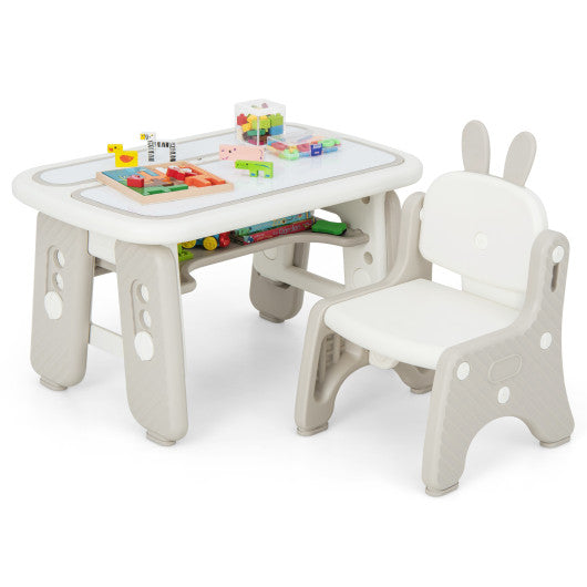 Kids Table and Chair Set with Flip-Top Bookshelf-Gray