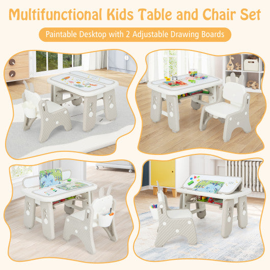 Kids Table and Chair Set with Flip-Top Bookshelf-Gray