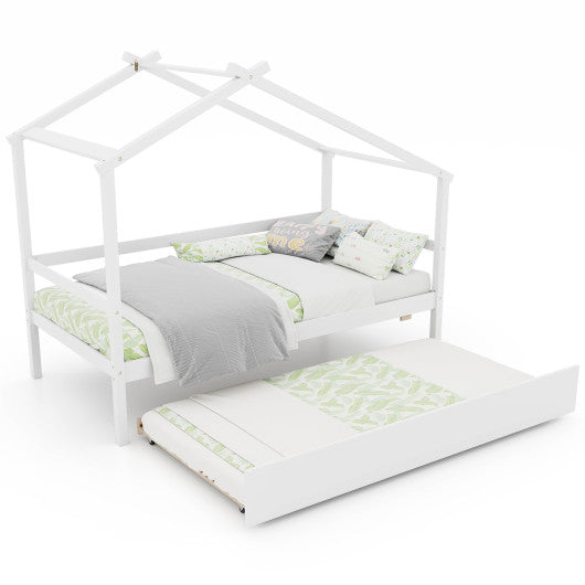 Kids Twin Size House Bed with Trundle and Roof-White