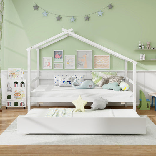 Kids Twin Size House Bed with Trundle and Roof-White
