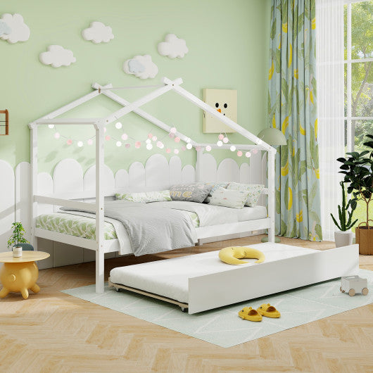 Kids Twin Size House Bed with Trundle and Roof-White