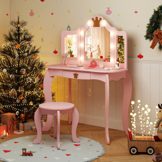 Kids Vanity Set with Tri-fold Lighted Mirror Detachable Top and Stool-Pink